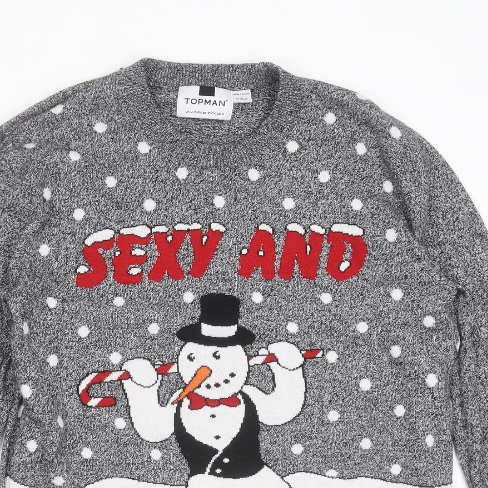 Topman Mens Grey Round Neck  Cotton Pullover Jumper Size M   - christmas jumper