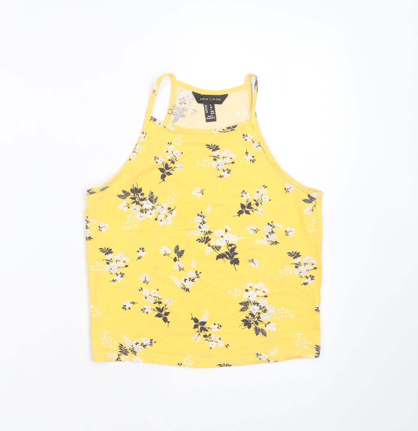 New Look Womens Yellow Floral Cotton Cropped T-Shirt Size 8 Round Neck