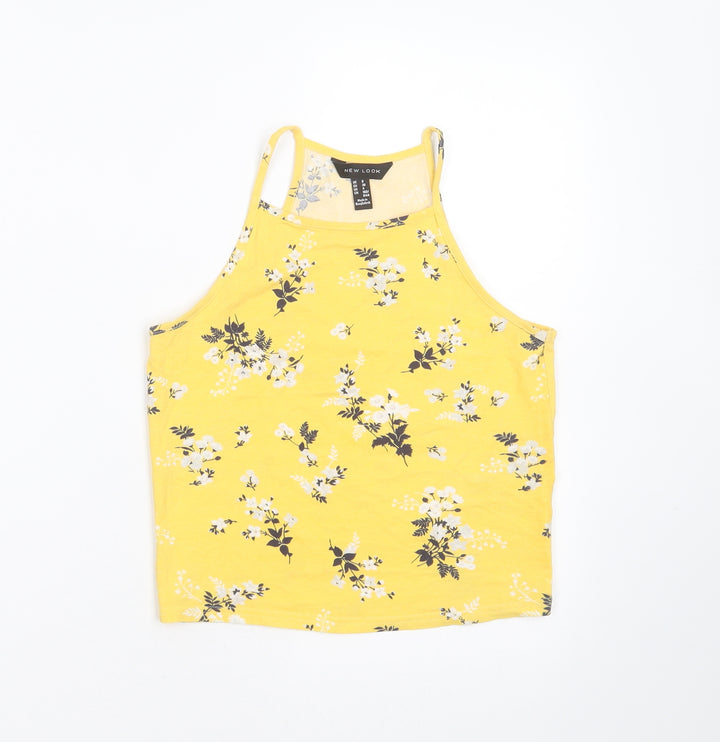 New Look Womens Yellow Floral Cotton Cropped T-Shirt Size 8 Round Neck
