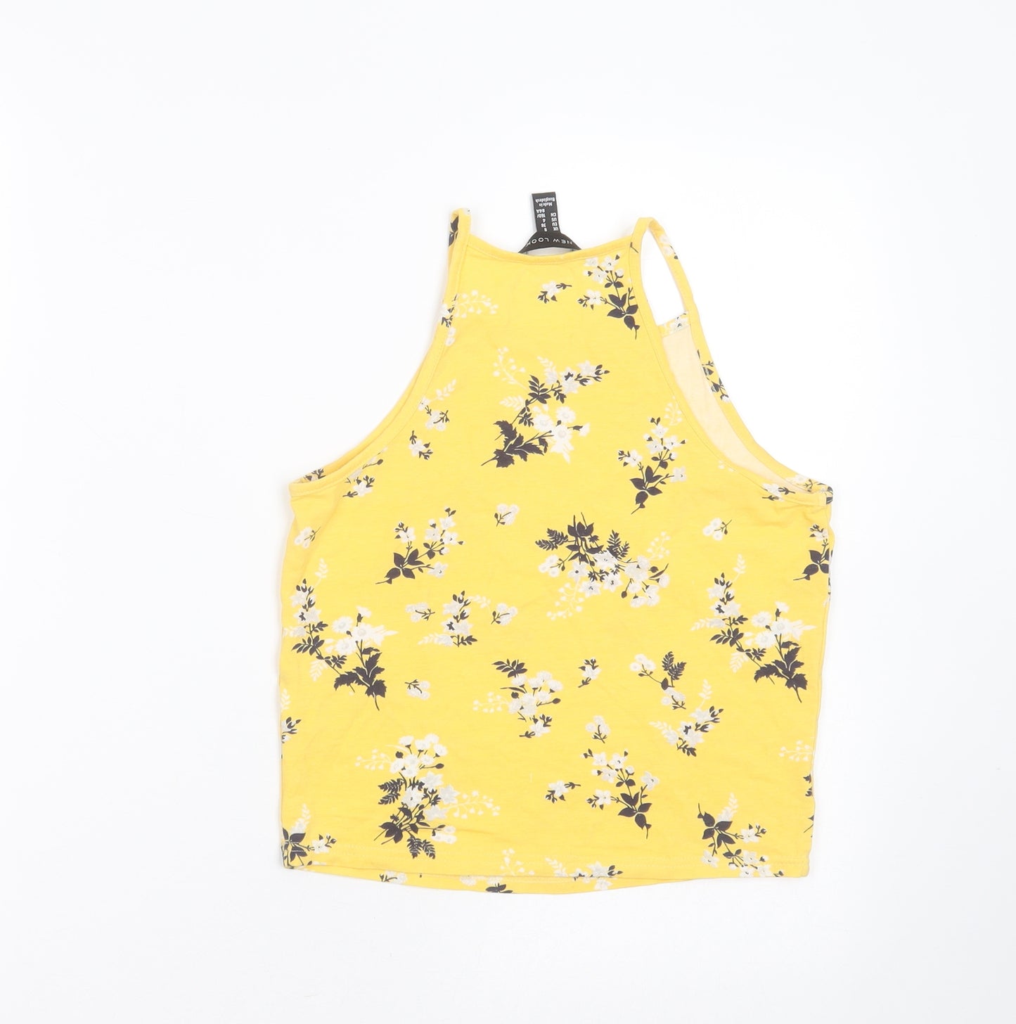 New Look Womens Yellow Floral Cotton Cropped T-Shirt Size 8 Round Neck