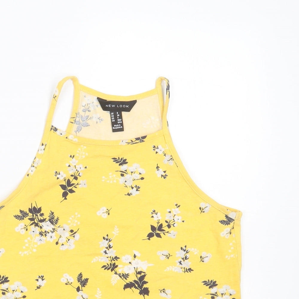 New Look Womens Yellow Floral Cotton Cropped T-Shirt Size 8 Round Neck