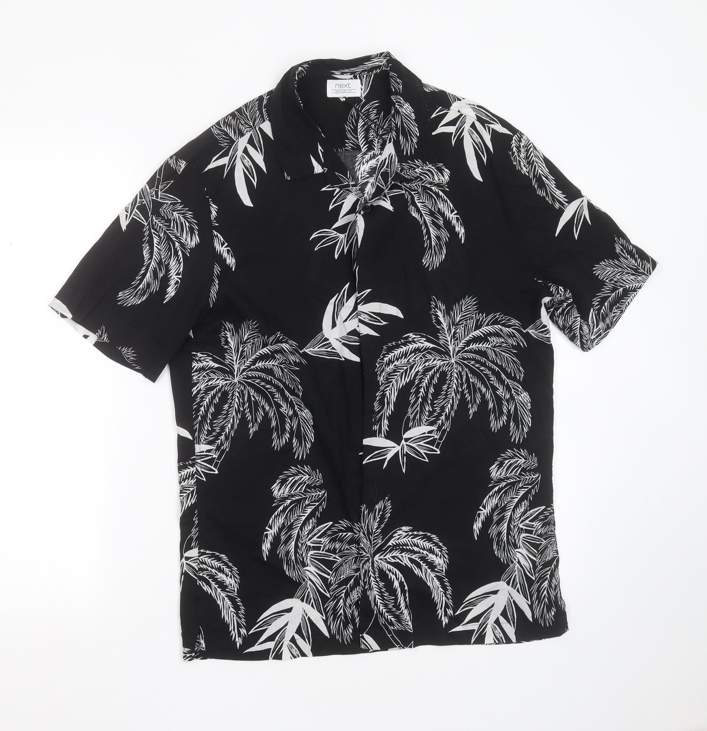 NEXT Mens Black  Viscose  Button-Up Size M Collared Button - palm tree