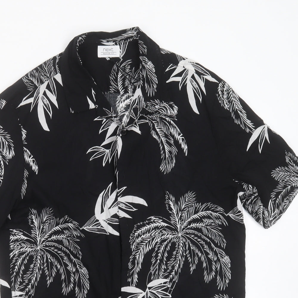 NEXT Mens Black  Viscose  Button-Up Size M Collared Button - palm tree