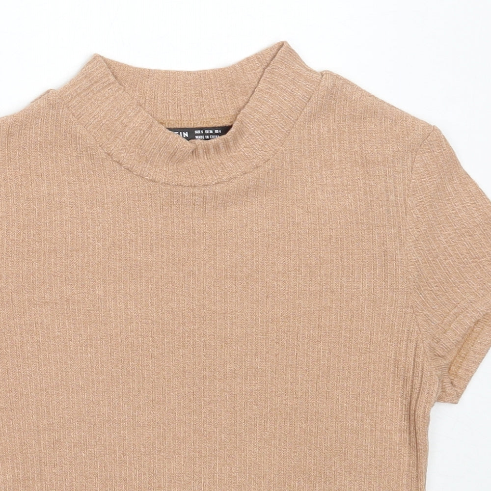SheIn Womens Beige  Polyester Basic T-Shirt Size S Round Neck