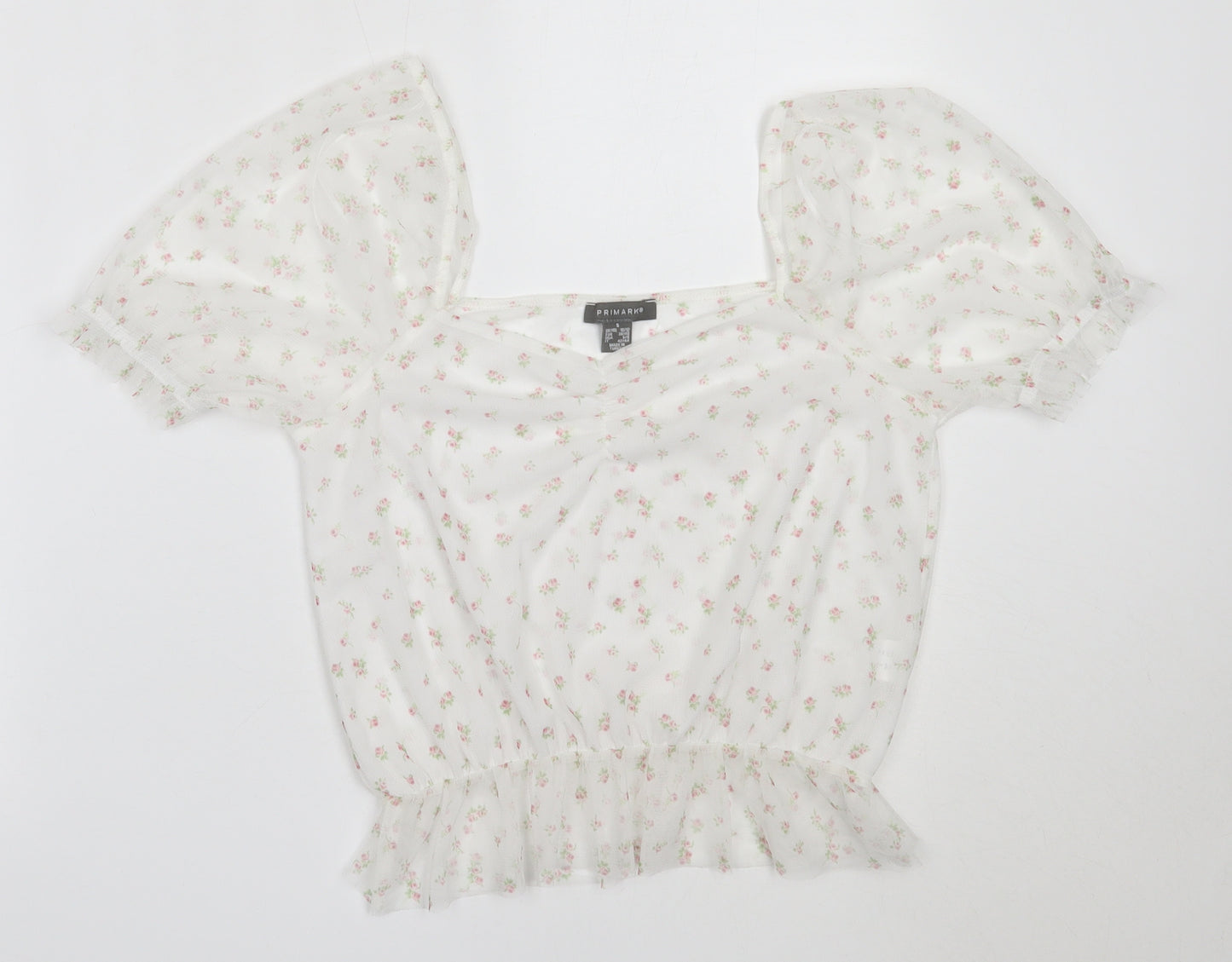Primark Womens White Floral Polyester Basic Blouse Size S Square Neck
