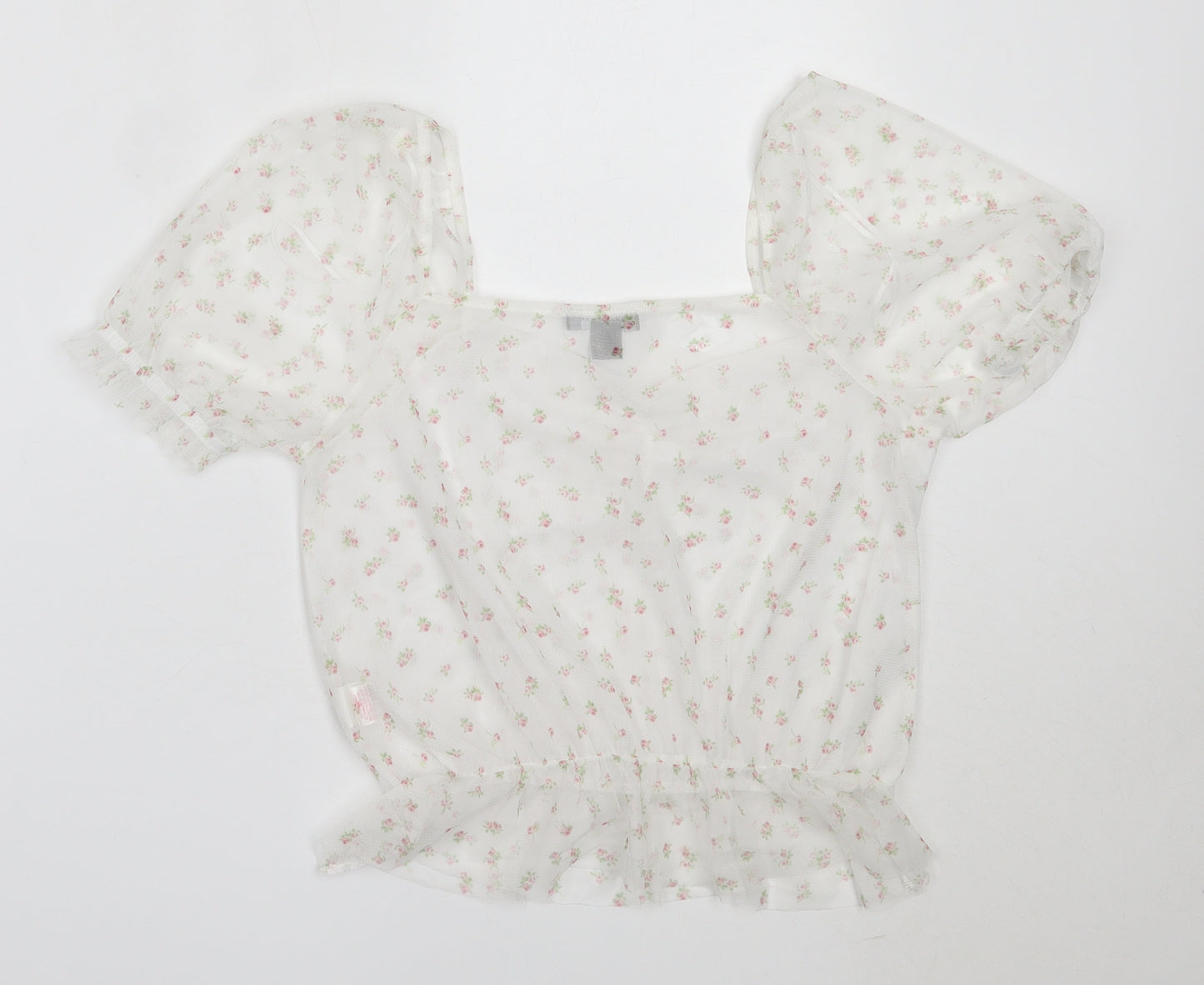 Primark Womens White Floral Polyester Basic Blouse Size S Square Neck