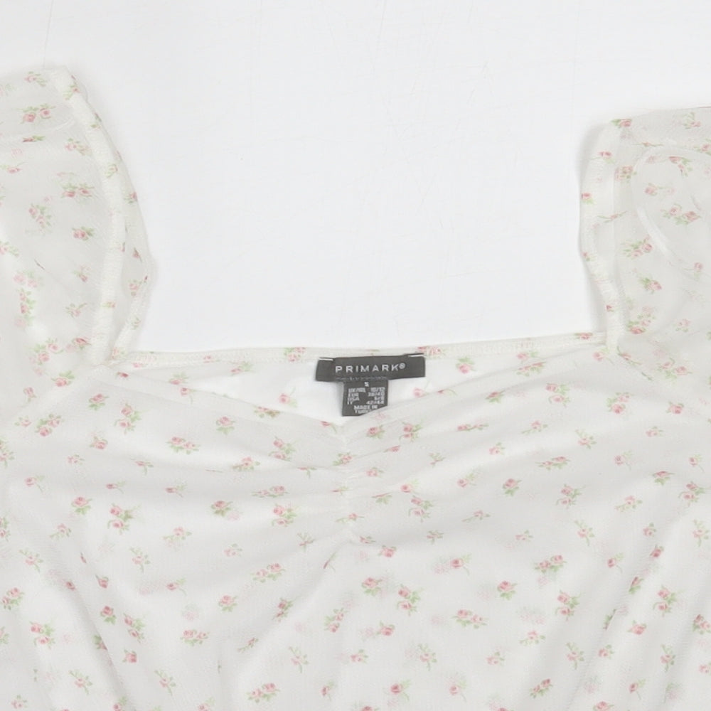 Primark Womens White Floral Polyester Basic Blouse Size S Square Neck