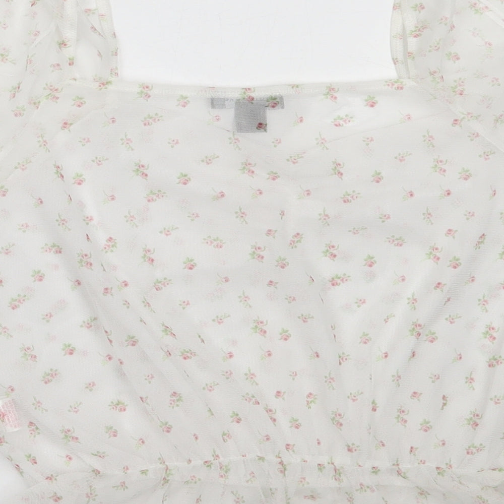 Primark Womens White Floral Polyester Basic Blouse Size S Square Neck