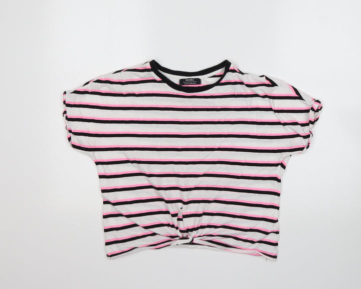 Bershka Womens Multicoloured Striped Cotton Basic T-Shirt Size XS Round Neck