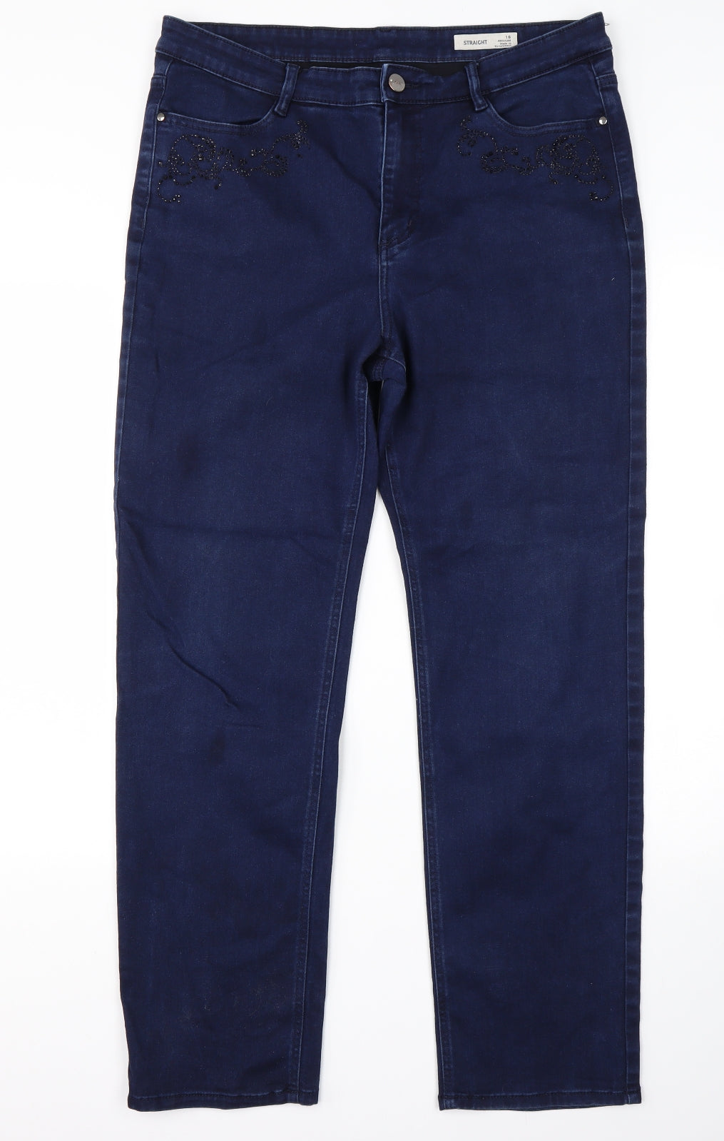 M&S Womens Blue  Cotton Straight Jeans Size 16 L30 in Regular