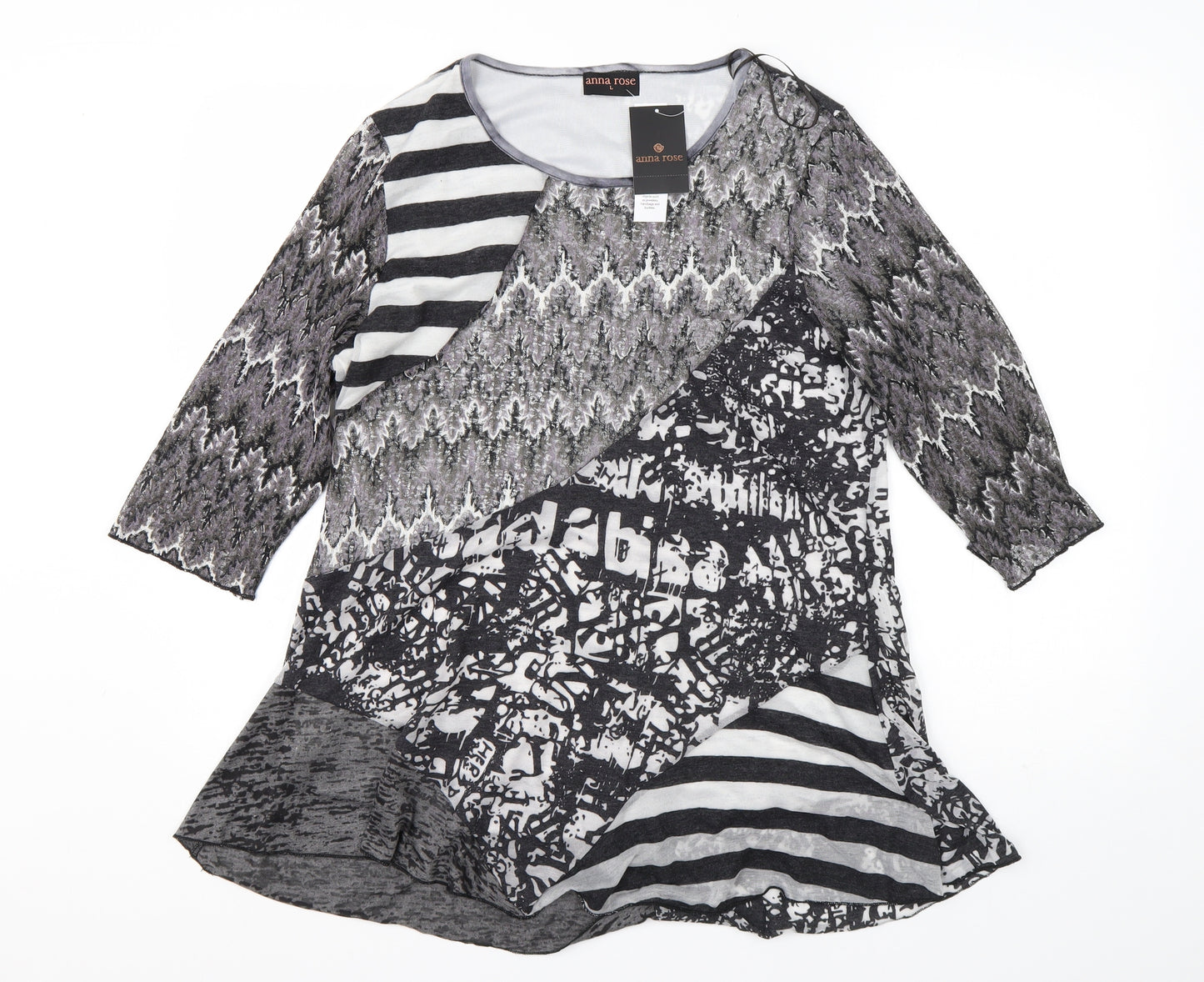 Anna Rose  Womens Grey Geometric Polyester Basic Blouse Size L Round Neck