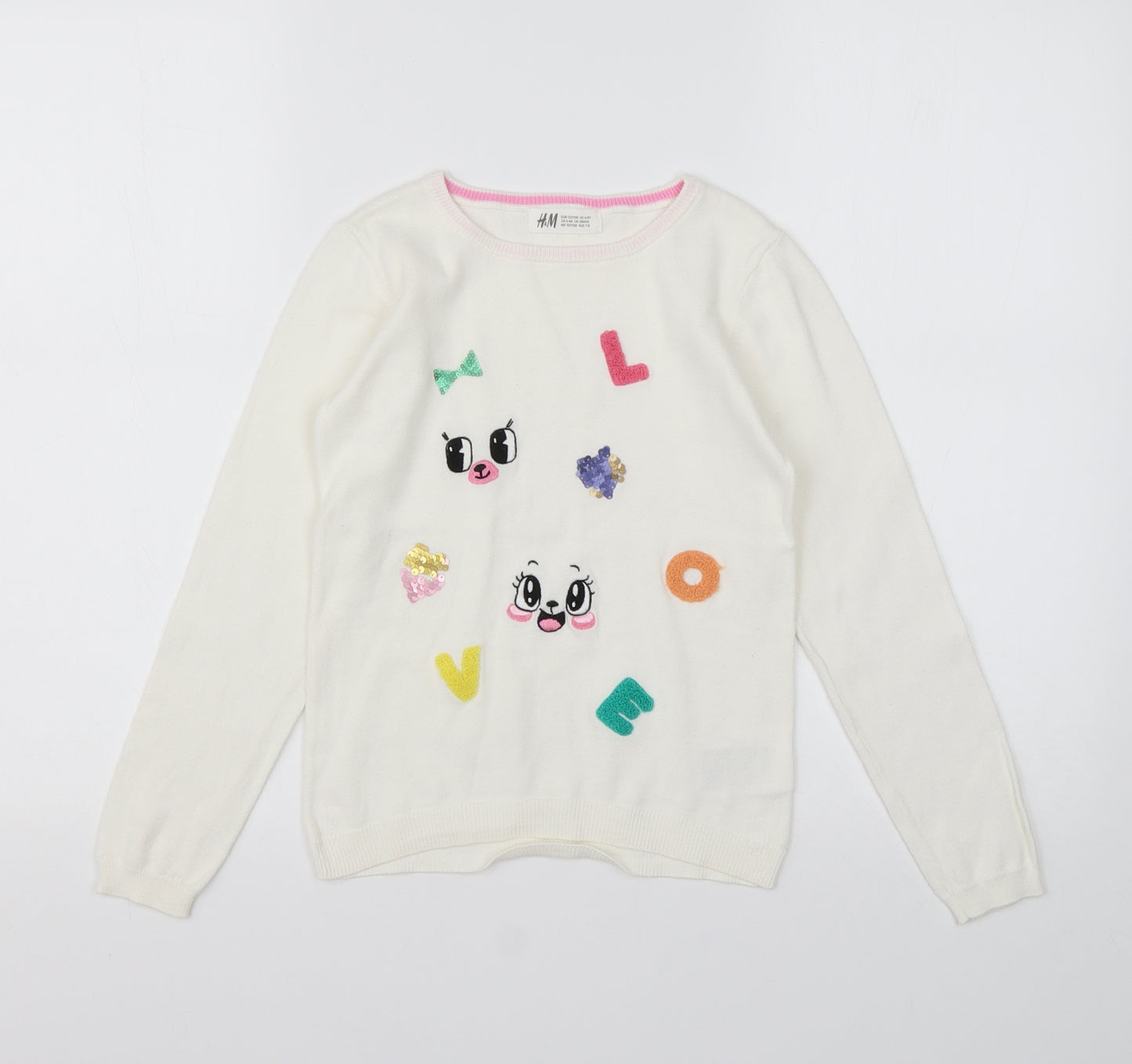 H&M Girls White Round Neck  Cotton Pullover Jumper Size 7-8 Years