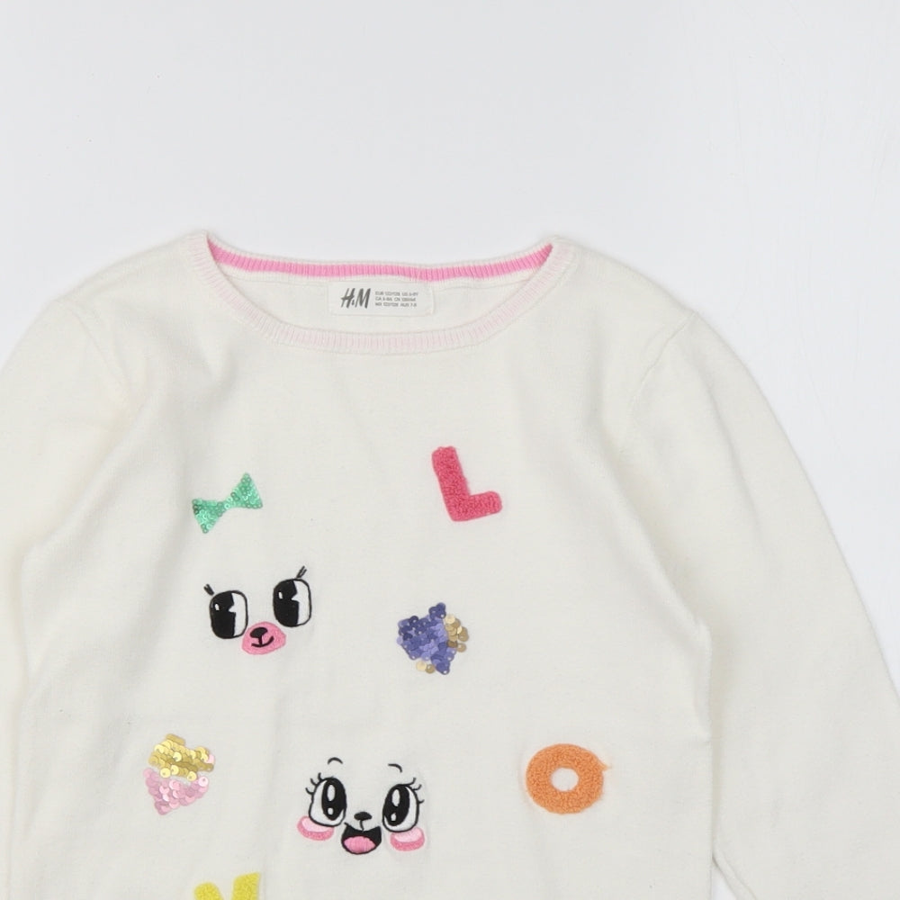 H&M Girls White Round Neck  Cotton Pullover Jumper Size 7-8 Years