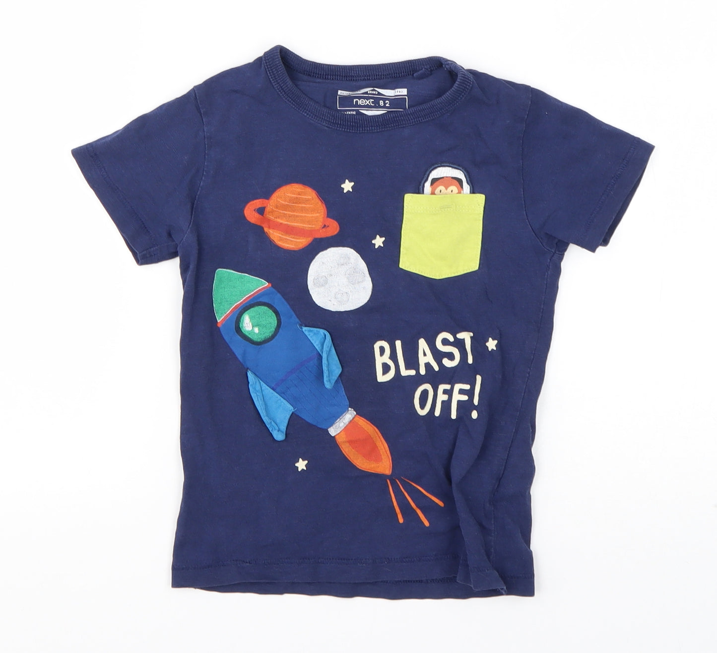 NEXT Boys Blue  Cotton Basic T-Shirt Size 2-3 Years Round Neck  - Space and Rockets
