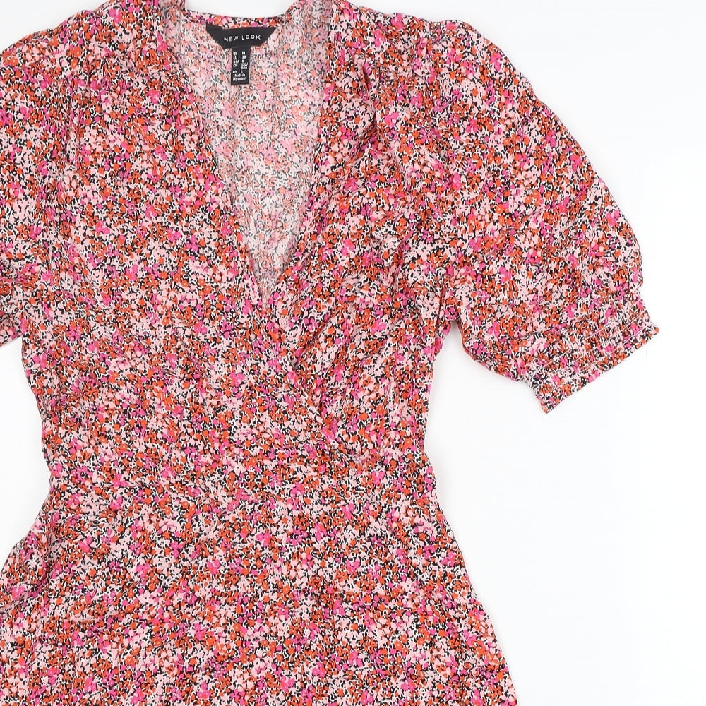 New Look Womens Red Floral Viscose Skater Dress  Size 10  V-Neck  - Summer