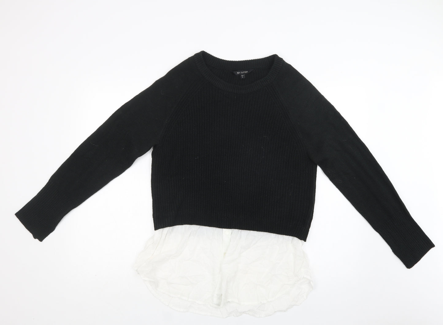 Real Clothing Womens Black Crew Neck  Acrylic Pullover Jumper Size L