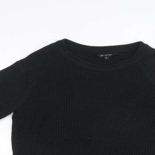 Real Clothing Womens Black Crew Neck  Acrylic Pullover Jumper Size L