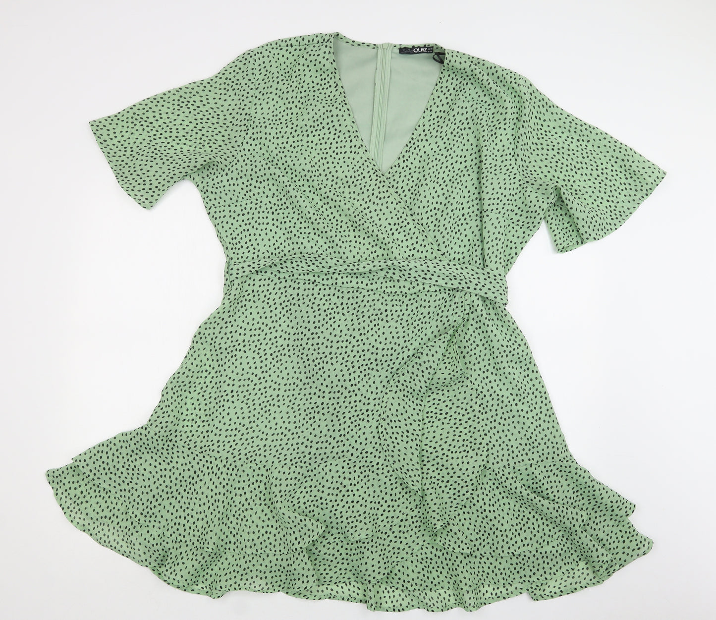 Quiz Womens Green Polka Dot Polyester Wrap Dress  Size 18  V-Neck Zip