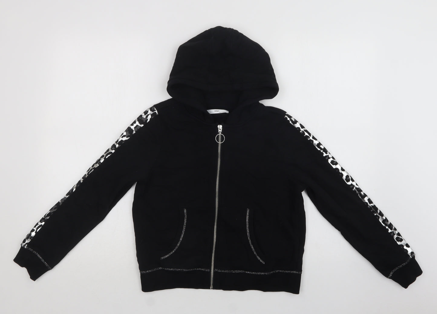 M&S Girls Black Animal Print Cotton Full Zip Hoodie Size 11-12 Years  Zip