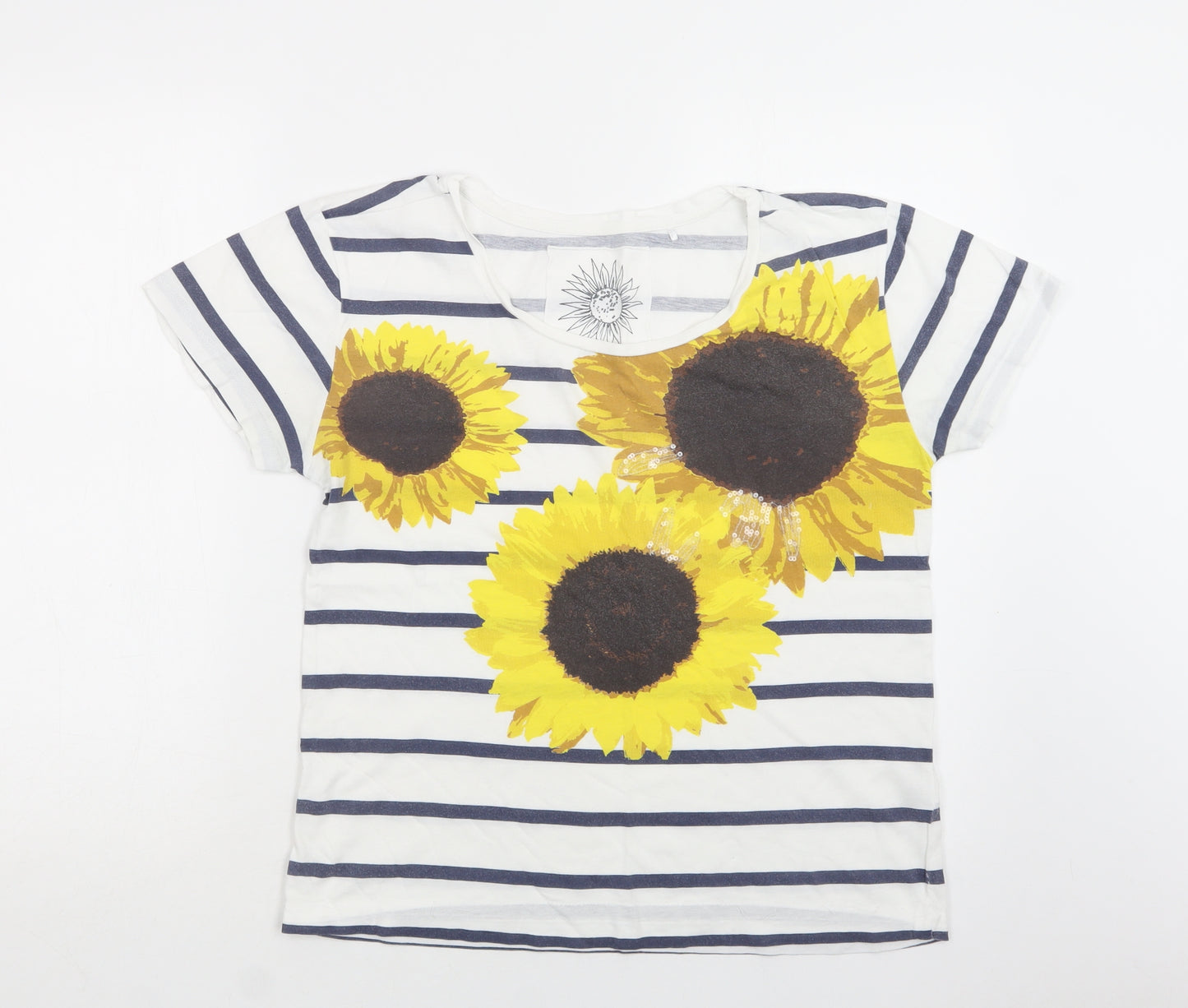 NEXT Womens White Striped Cotton Basic T-Shirt Size 12 Crew Neck - Sunflowers