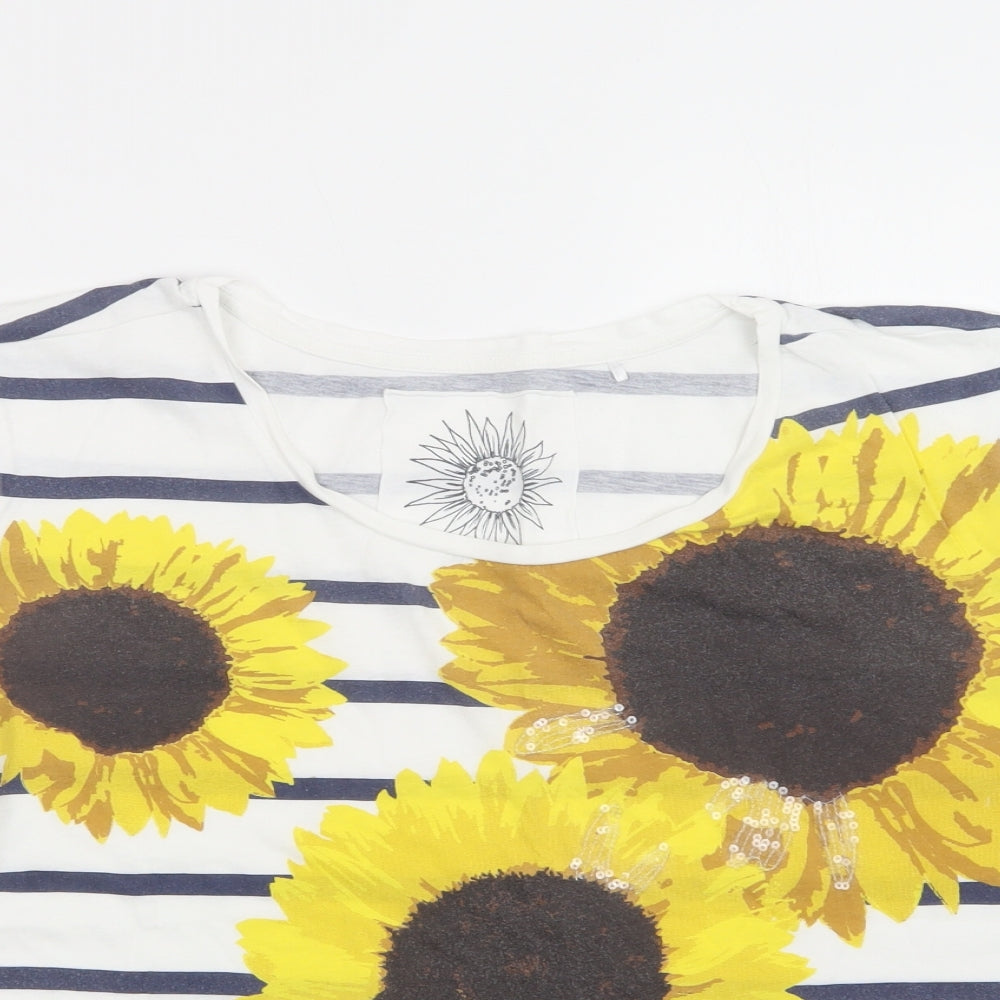 NEXT Womens White Striped Cotton Basic T-Shirt Size 12 Crew Neck - Sunflowers