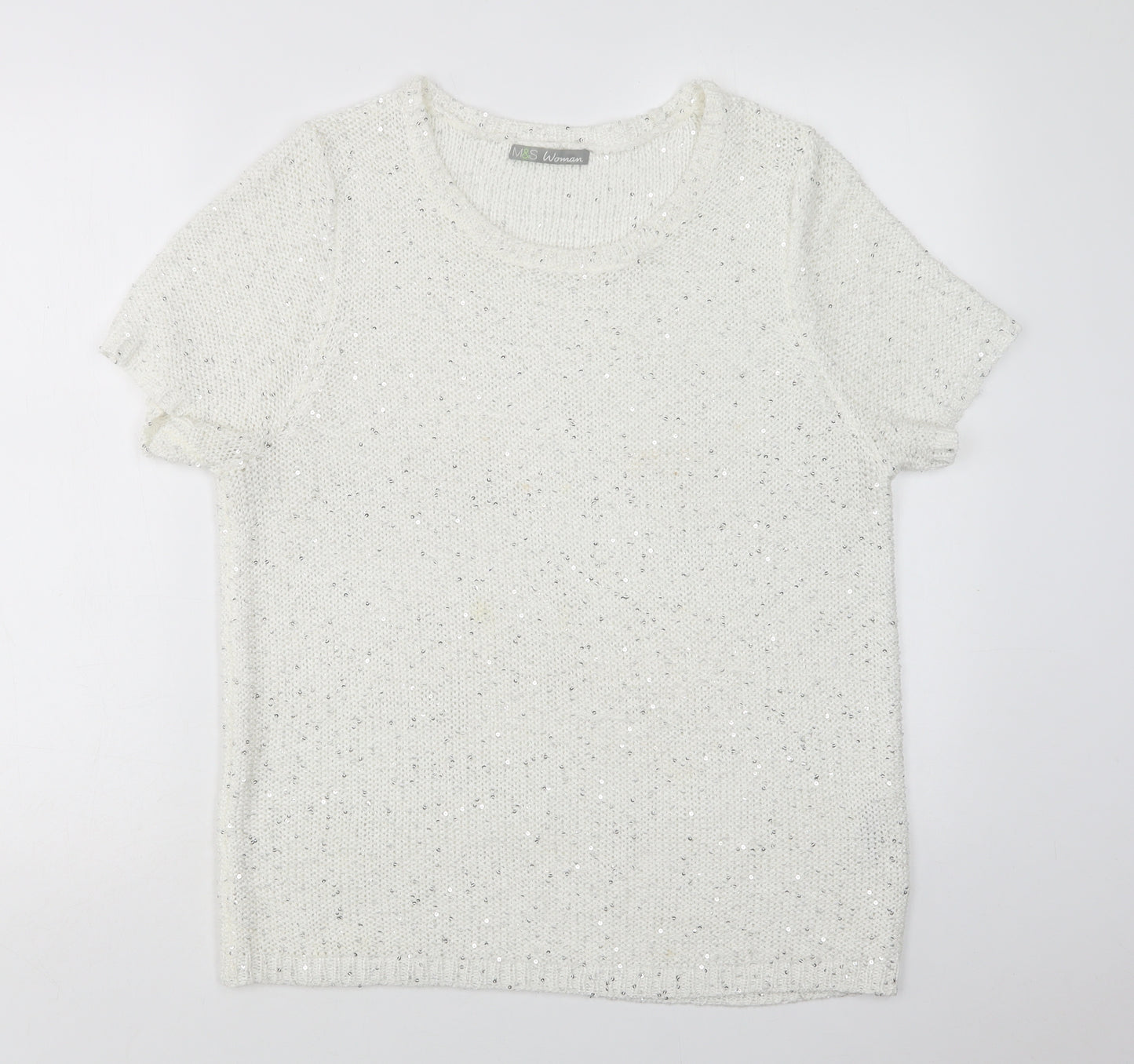 M&S Womens White Crew Neck  Polyester Pullover Jumper Size 8
