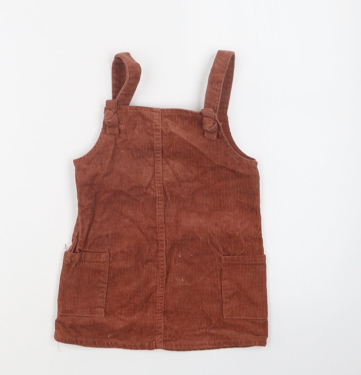 Primark Girls Brown  Cotton Pinafore/Dungaree Dress  Size 2 Years  Square Neck Snap
