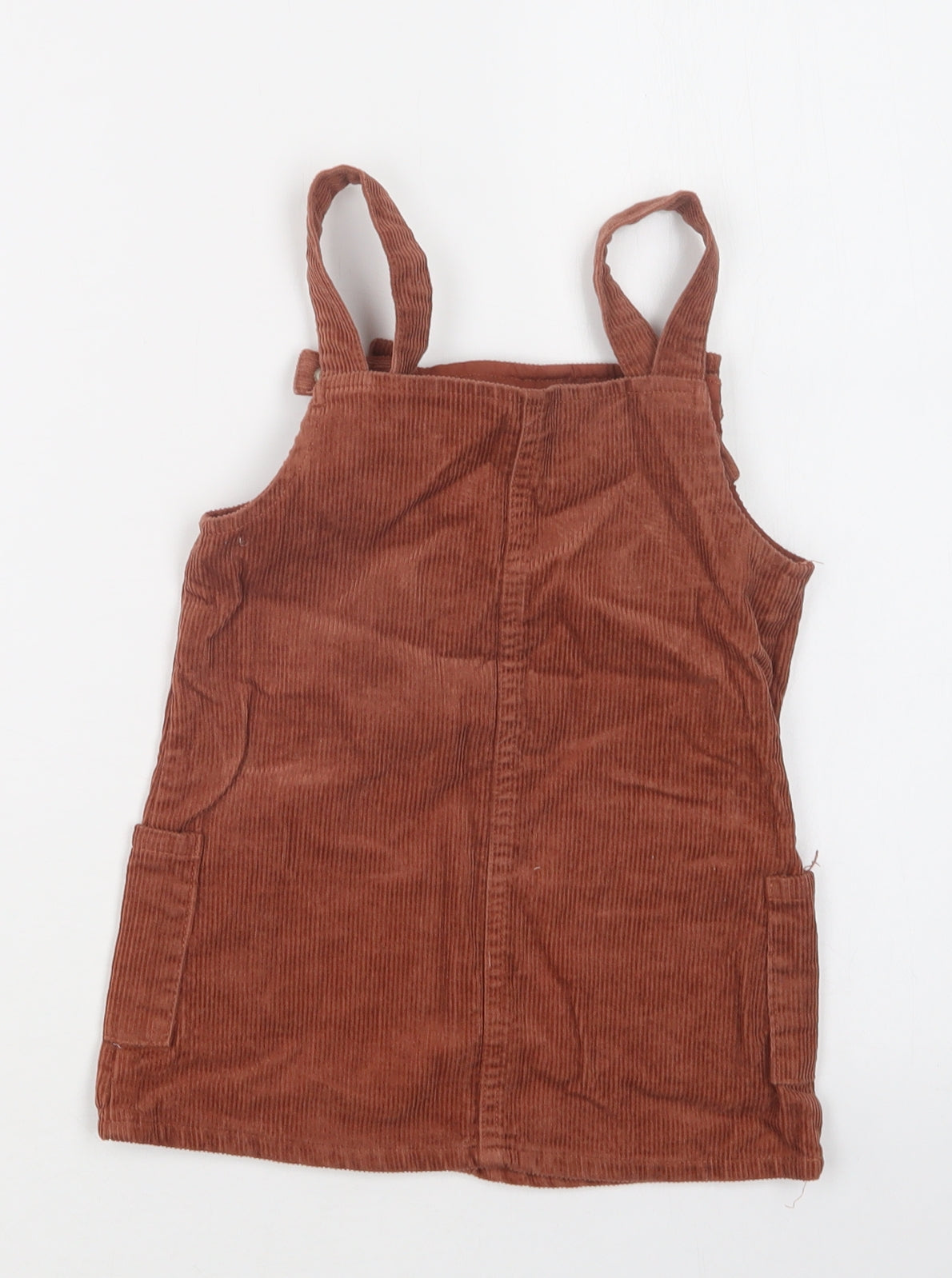 Primark Girls Brown  Cotton Pinafore/Dungaree Dress  Size 2 Years  Square Neck Snap
