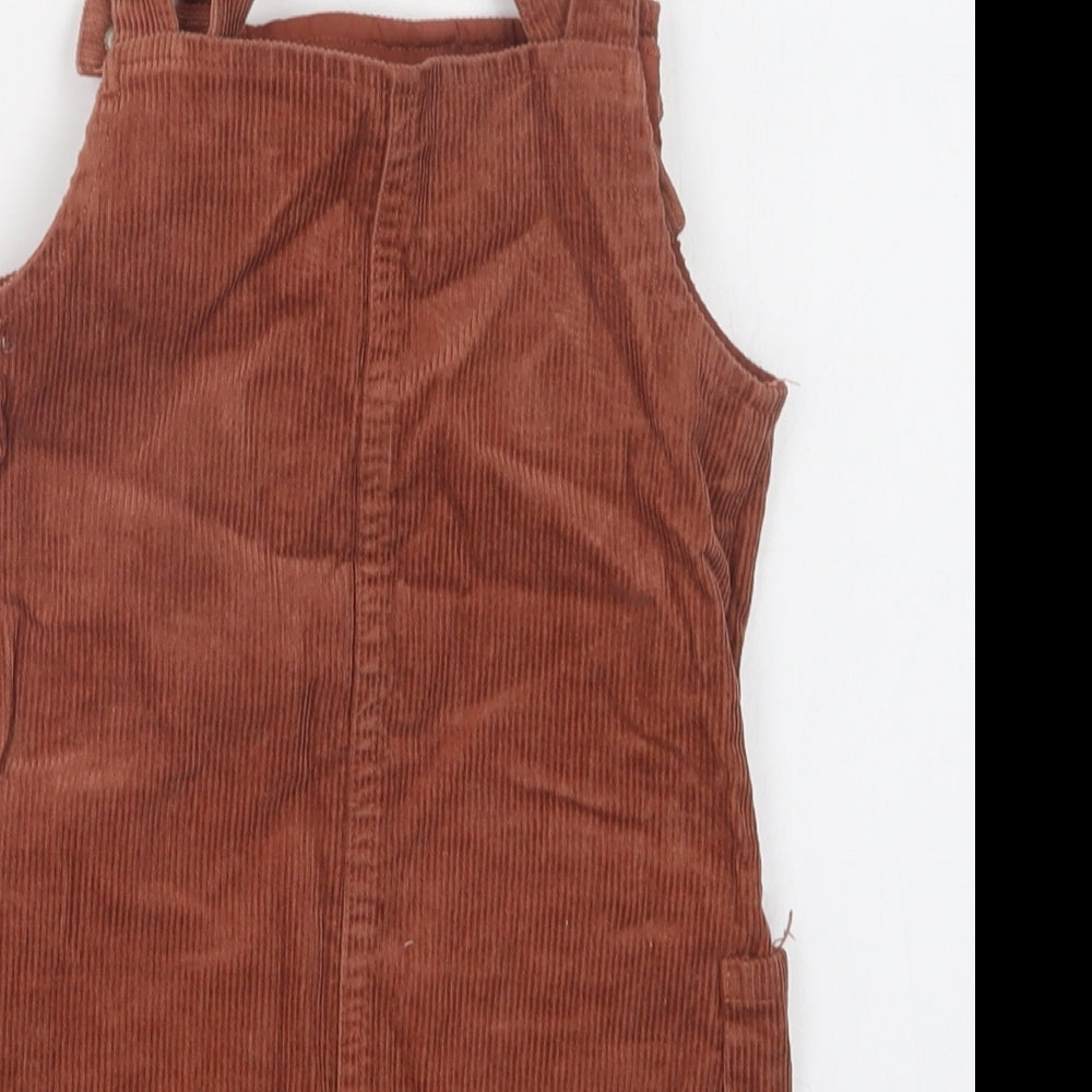 Primark Girls Brown  Cotton Pinafore/Dungaree Dress  Size 2 Years  Square Neck Snap