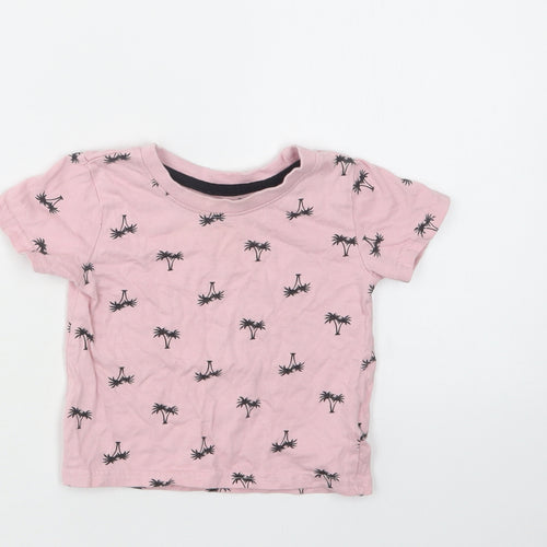 Primark Baby Pink Geometric Cotton Basic T-Shirt Size 9-12 Months Crew Neck  - Palm Tree Print