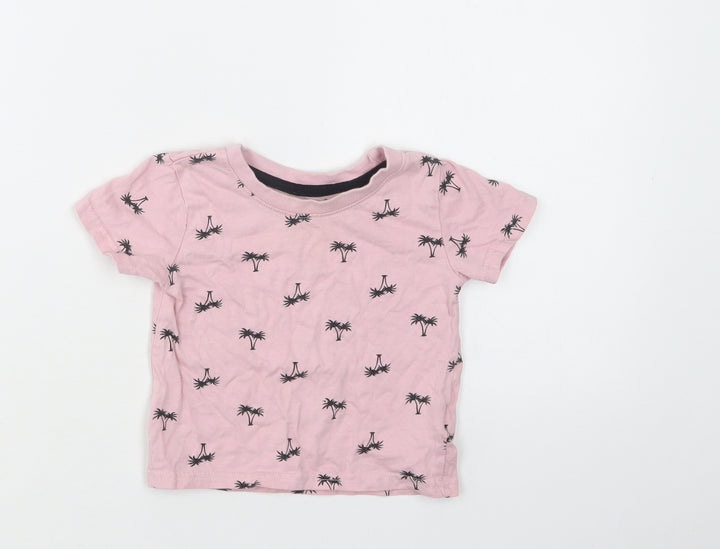 Primark Baby Pink Geometric Cotton Basic T-Shirt Size 9-12 Months Crew Neck - Palm Tree Print