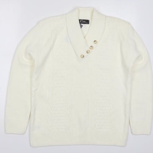CHIC Womens White Collared  Acrylic Pullover Jumper Size L