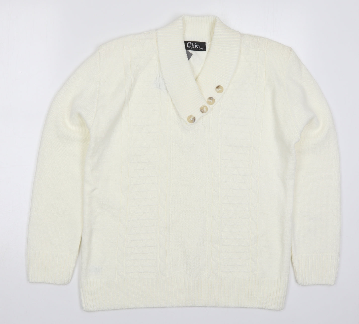 CHIC Womens White Collared  Acrylic Pullover Jumper Size L