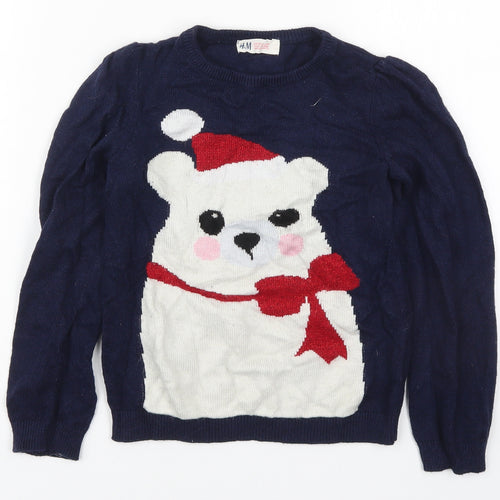 H&M Girls Blue Round Neck  Viscose Pullover Jumper Size 7-8 Years  Pullover - Polar Bear