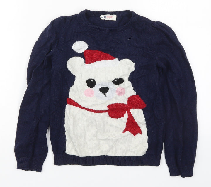 H&M Girls Blue Round Neck Viscose Pullover Jumper Size 7-8 Years Pullover - Polar Bear