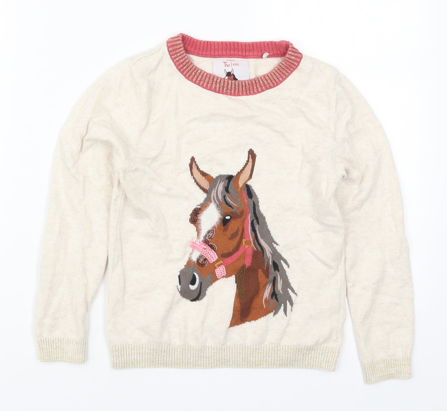TU Girls Beige Round Neck  Cotton Pullover Jumper Size 7 Years   - Horse