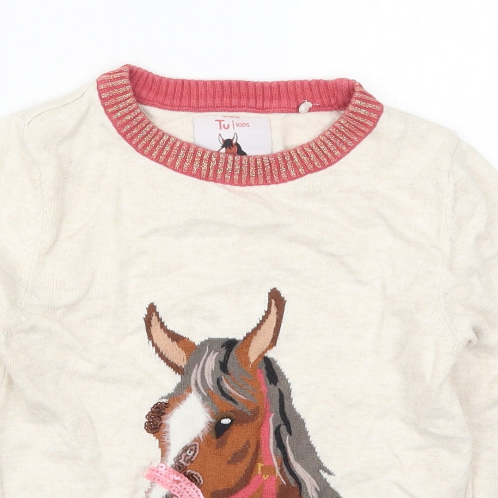 TU Girls Beige Round Neck  Cotton Pullover Jumper Size 7 Years   - Horse