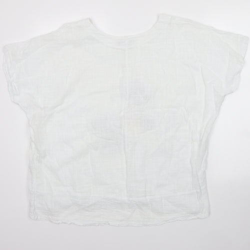 New Collection Womens White Floral Cotton Basic Blouse Size M Round Neck