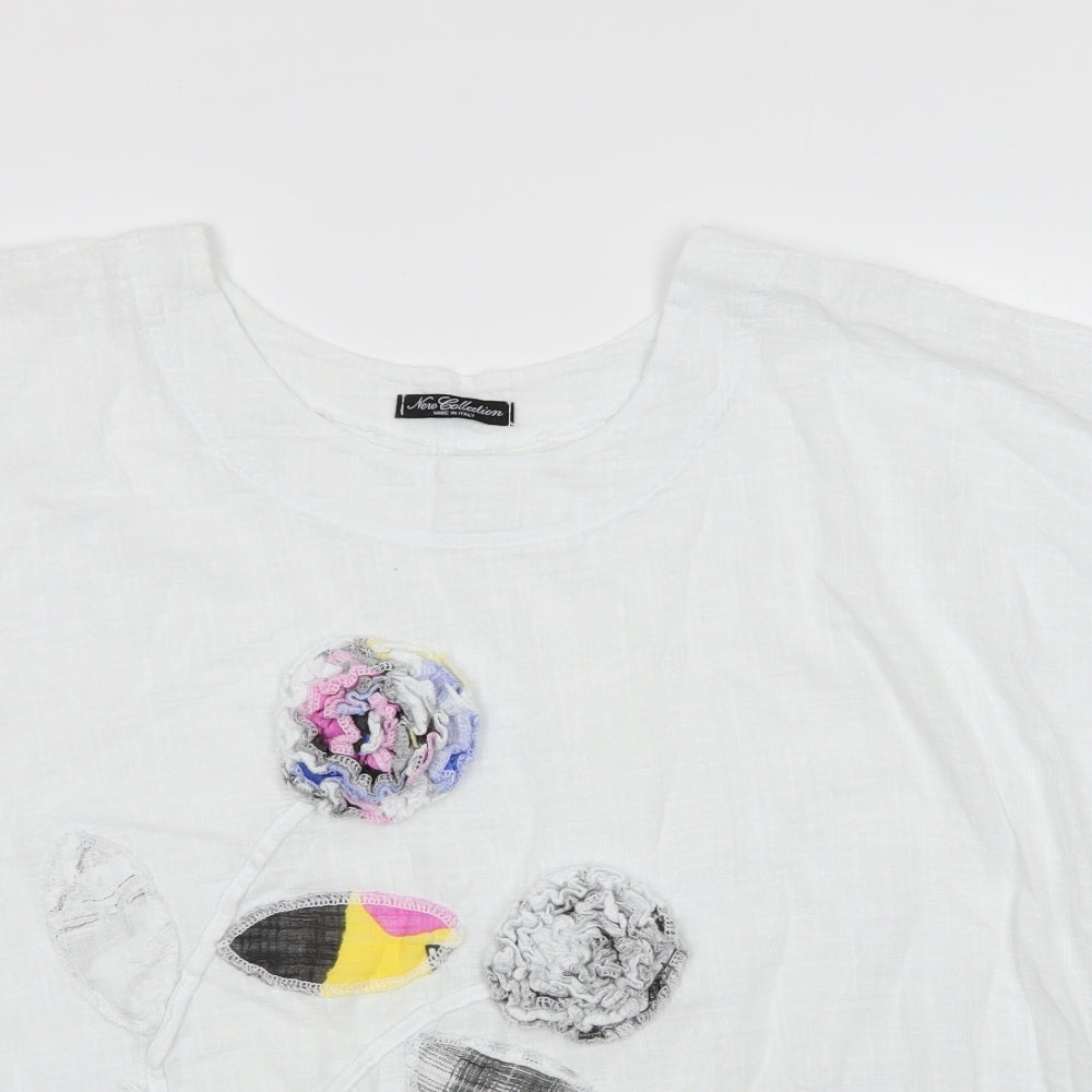 New Collection Womens White Floral Cotton Basic Blouse Size M Round Neck