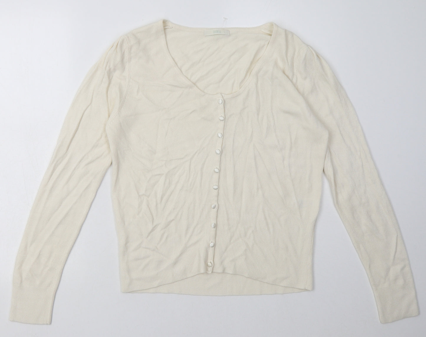 Marks and Spencer Womens White Crew Neck  Acrylic Cardigan Jumper Size 14