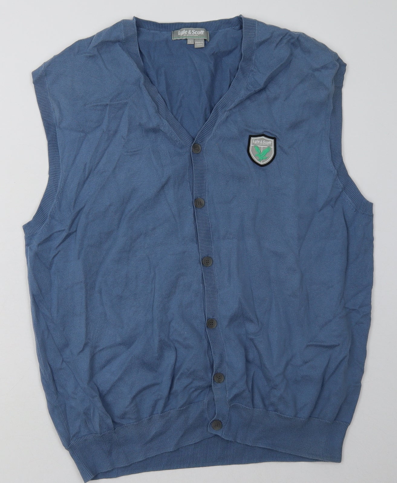 Lyle & Scott Mens Blue V-Neck  Cotton Cardigan Jumper Size L