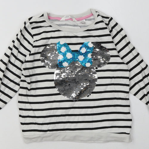 H&M Girls White Striped Cotton Pullover Sweatshirt Size 6-7 Years  Pullover - Sequin Detail, minnie mouse