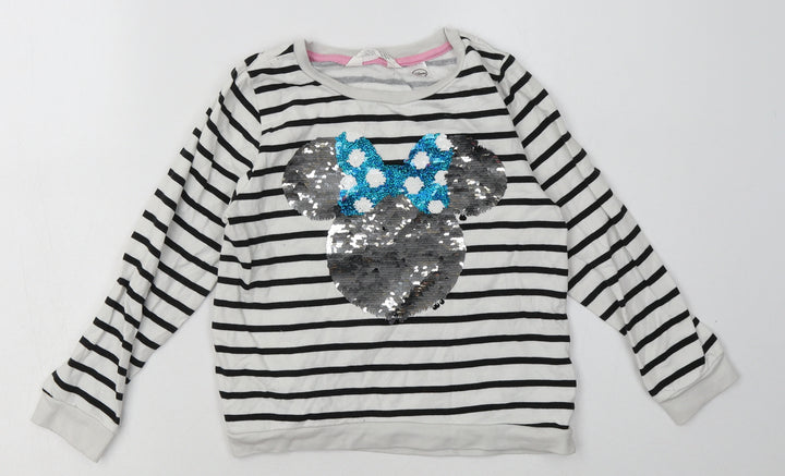 H&M Girls White Striped Cotton Pullover Sweatshirt Size 6-7 Years  Pullover - Sequin Detail, minnie mouse