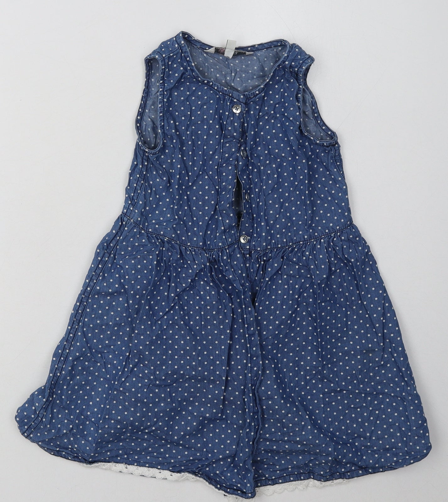 Peacocks Girls Blue Polka Dot Cotton A-Line  Size 4-5 Years  Crew Neck Button