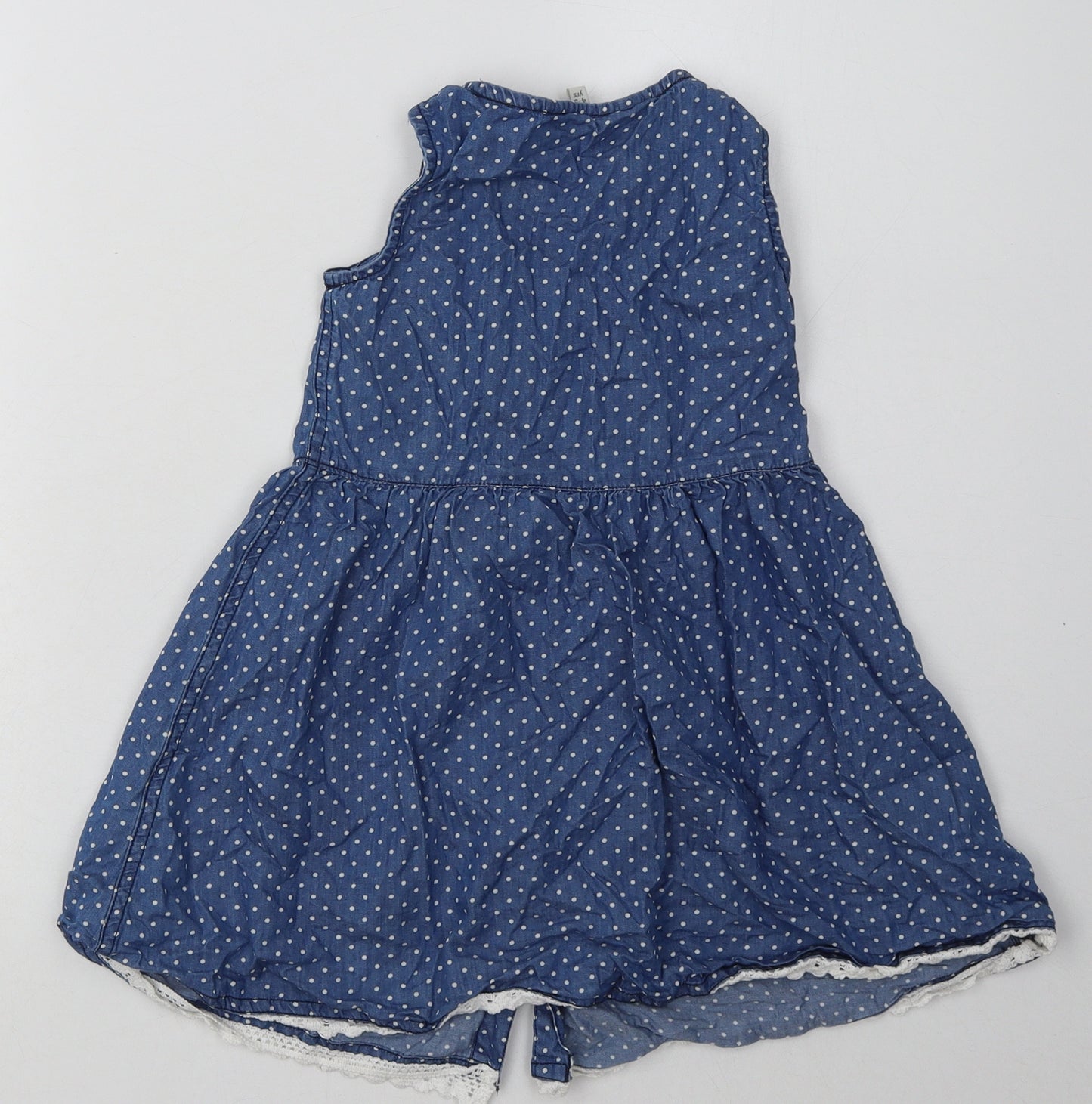 Peacocks Girls Blue Polka Dot Cotton A-Line  Size 4-5 Years  Crew Neck Button