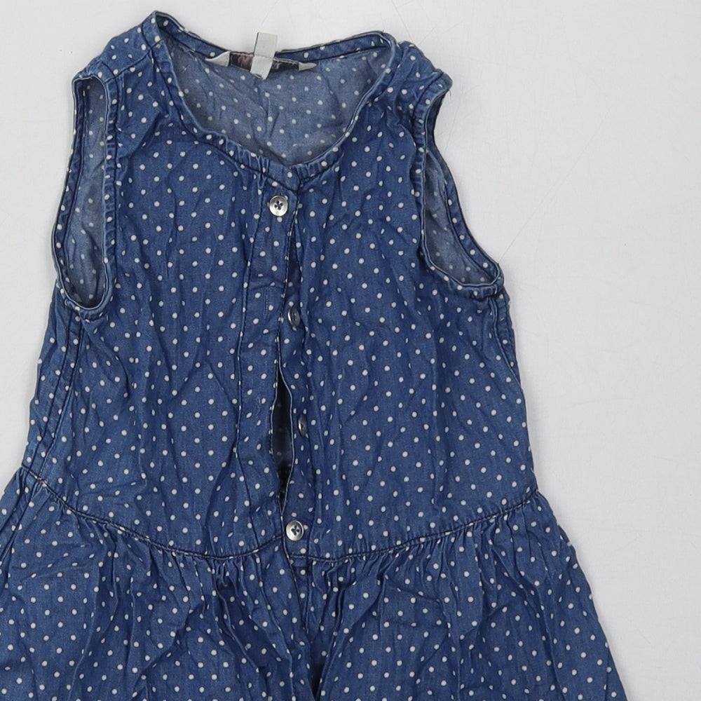 Peacocks Girls Blue Polka Dot Cotton A-Line  Size 4-5 Years  Crew Neck Button