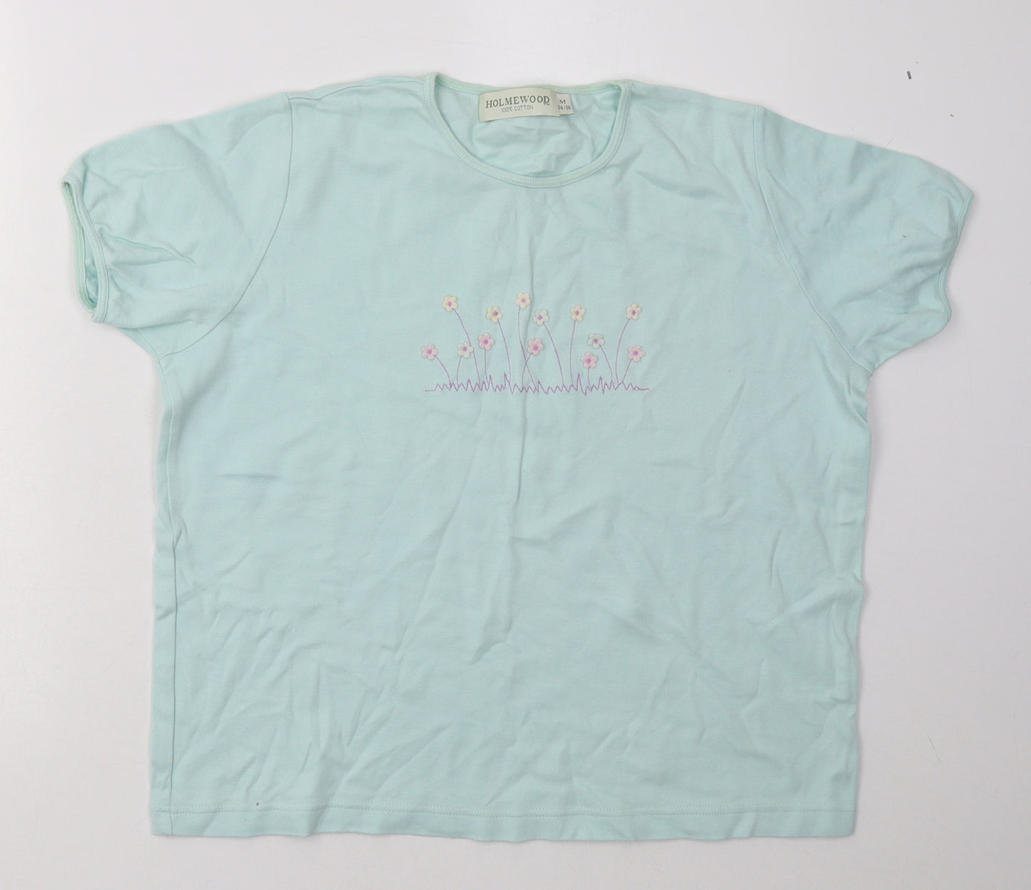 Holmewood Womens Blue Floral Cotton Basic T-Shirt Size M Crew Neck