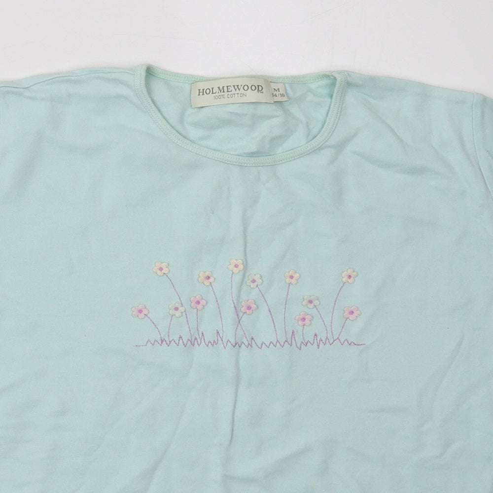 Holmewood Womens Blue Floral Cotton Basic T-Shirt Size M Crew Neck