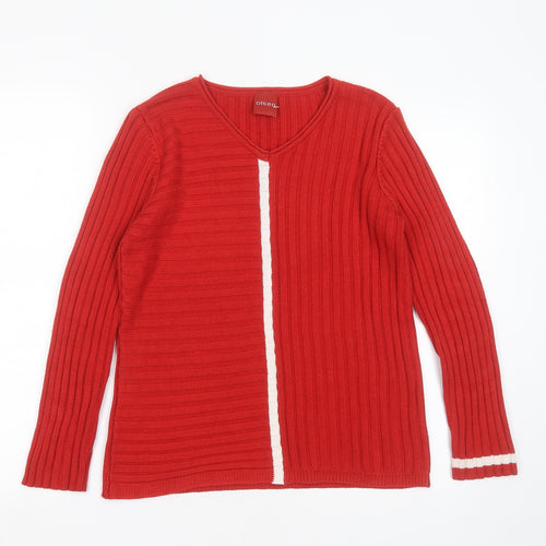 Olsen Womens Red V-Neck Striped Acrylic Pullover Jumper Size 12