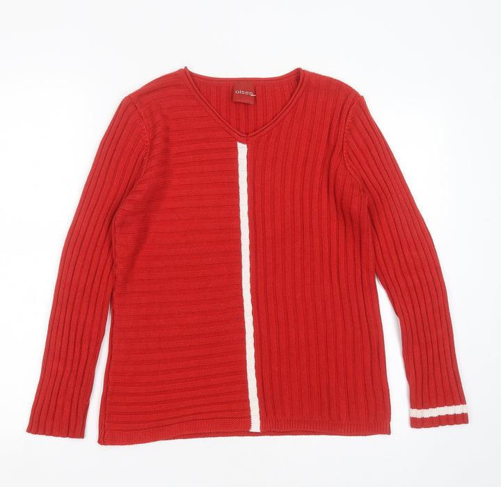 Olsen Womens Red V-Neck Striped Acrylic Pullover Jumper Size 12